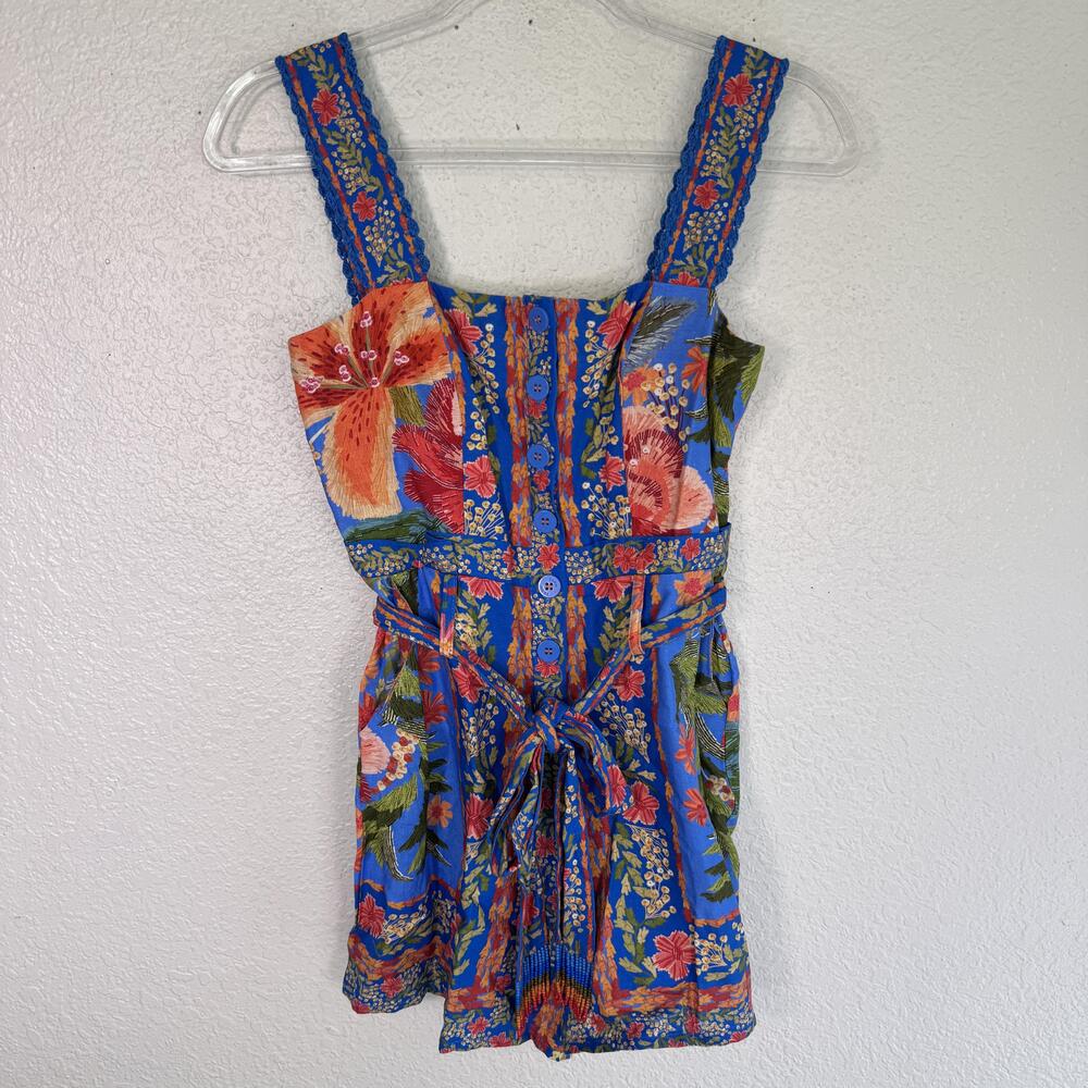Farm Rio Romper Womens XS Stitched Garden Floral Linen Viscose Belted Tropical